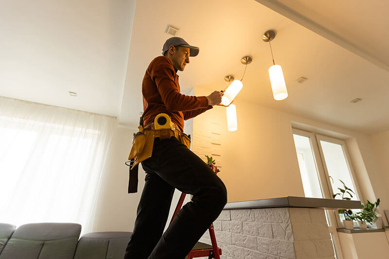 Electrician man working on exterior light